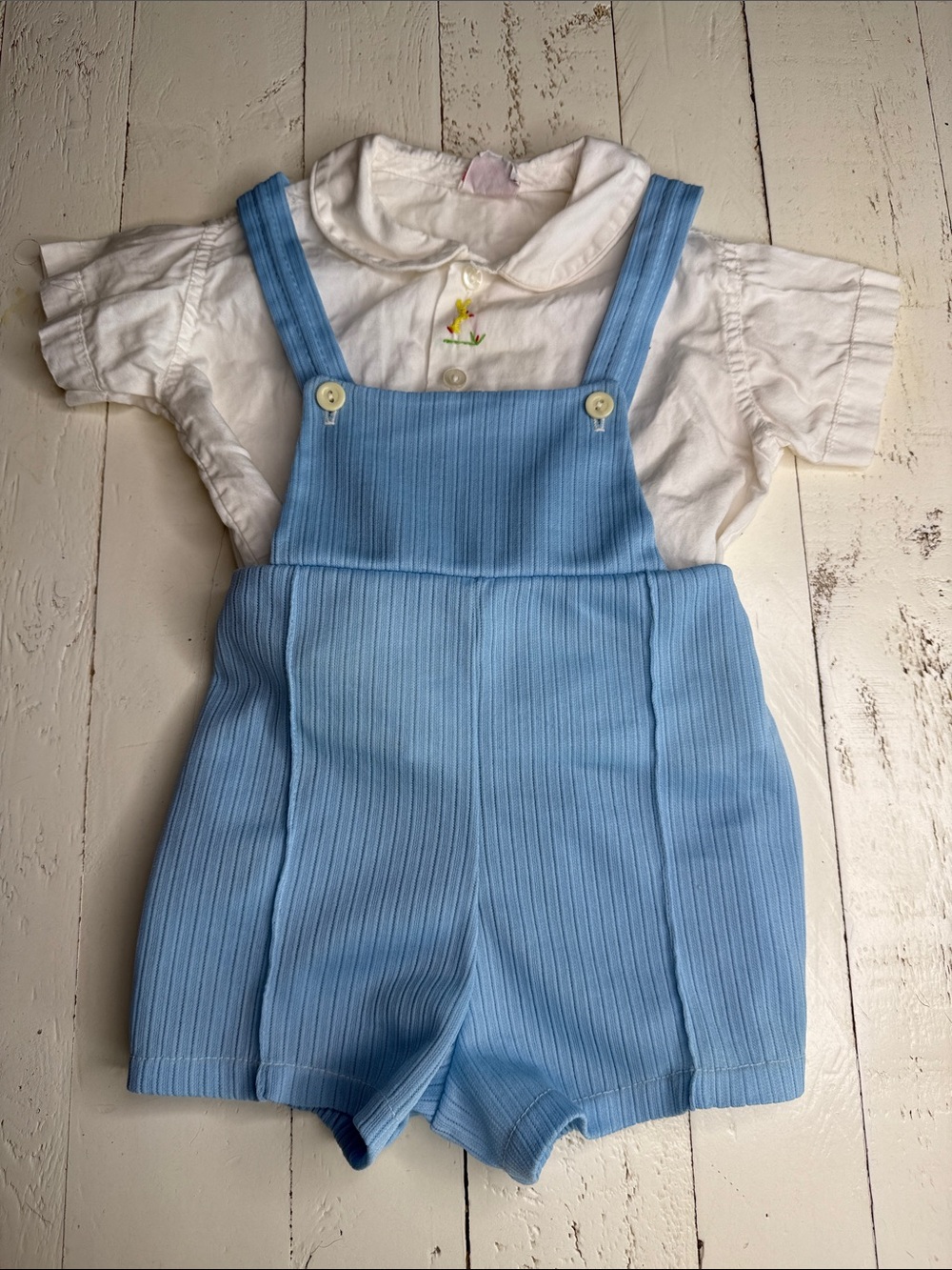 6-9m vintage 60-70s  2 pc Light Blue Ribbed Baby/ Toddler Overalls Shorts